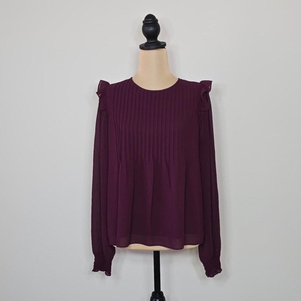 ALLISON JOY‎ Womens Plum Pleated Ruffle Sleeve Keyhole Chiffon Blouse Top Size S